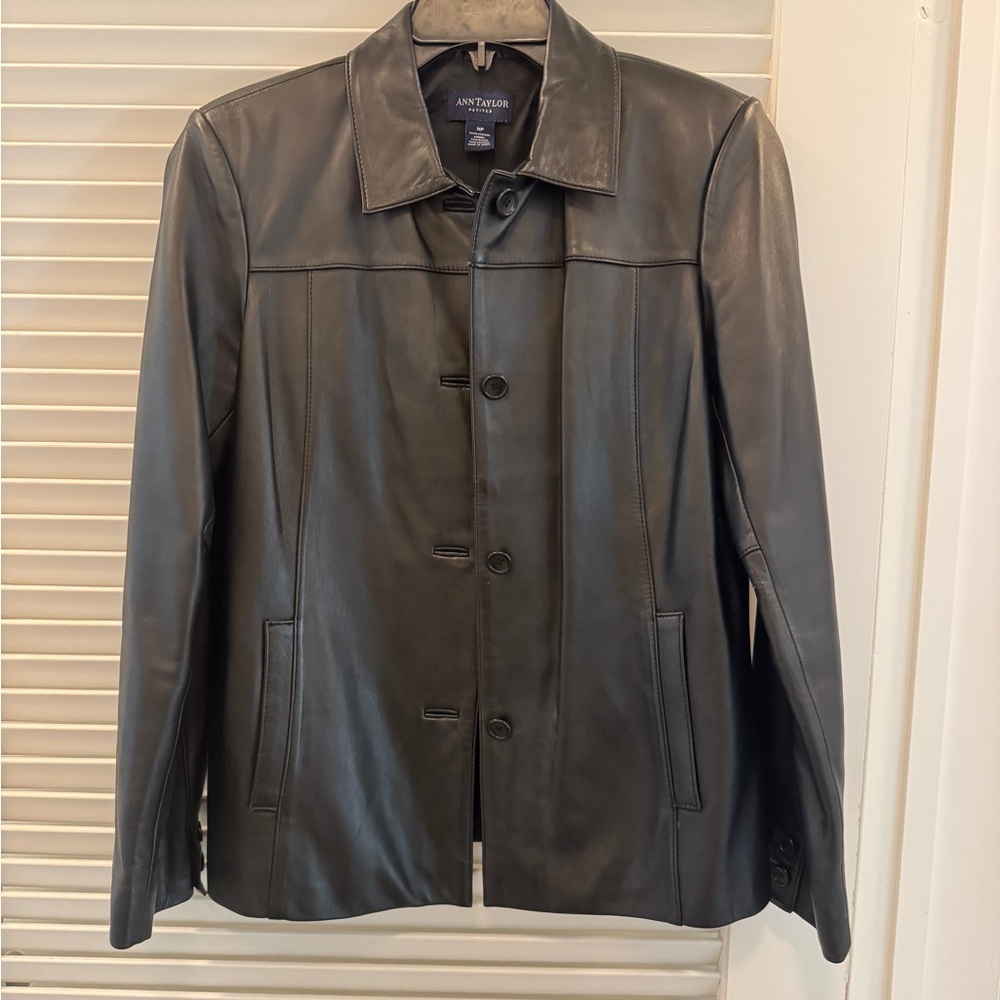 Ann Taylor Black Leather Button-Front Jacket